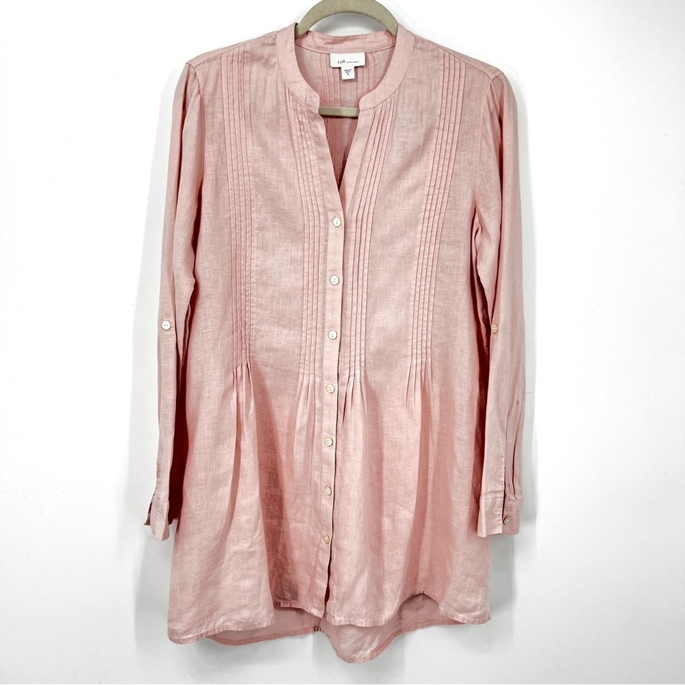 J. Jill 100 Love Linen Pink Long Sleeved Button Down Pleated Shirt Tunic Sz XS
